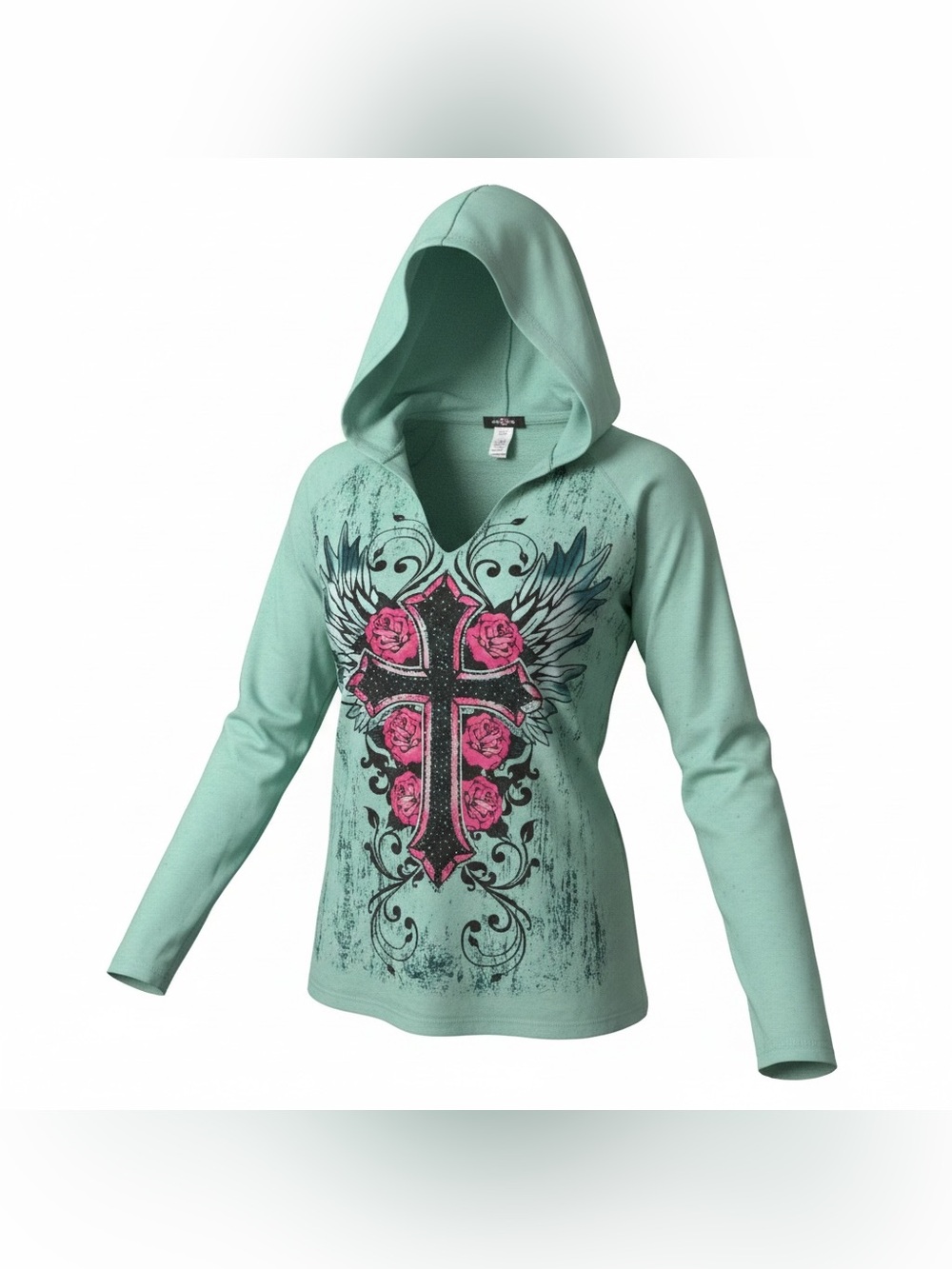 True Vintage Ransom Y2K "McBling" Cross & Roses Hoodie